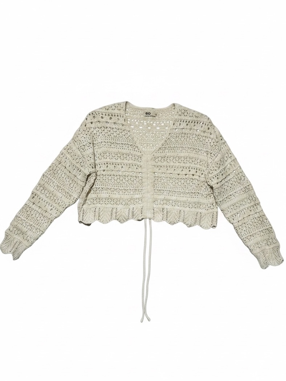 SO Cream Open Knit Pointelle Cropped Cardigan Tie Front Sweater Women’s Size S